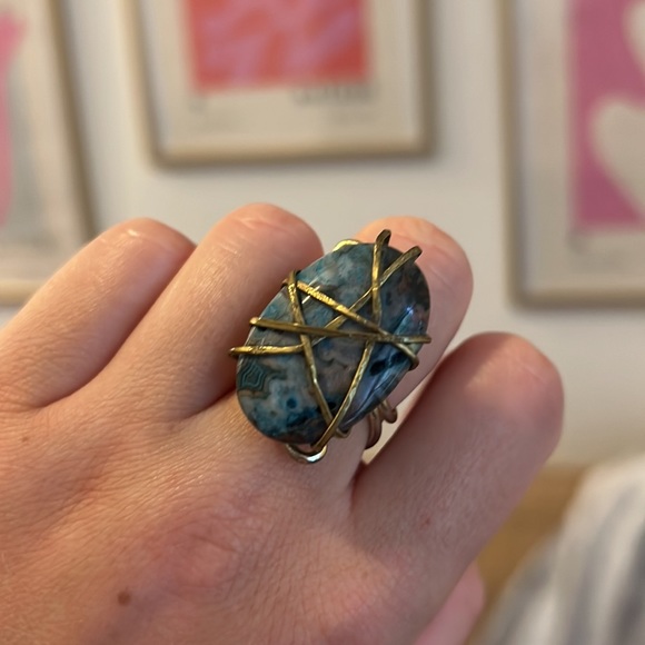 Beautiful blue stone ring wrapped in gold-tone plating. Adjustable ring band. - Picture 2 of 3